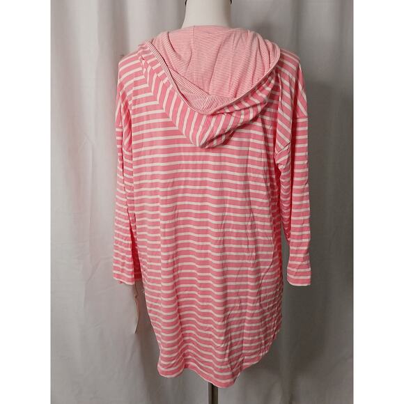 T by Talbots UPF 50+ Pink White Stripe Hoodie Beach Cover up 3/4 Sleeve Large - Picture 2 of 11